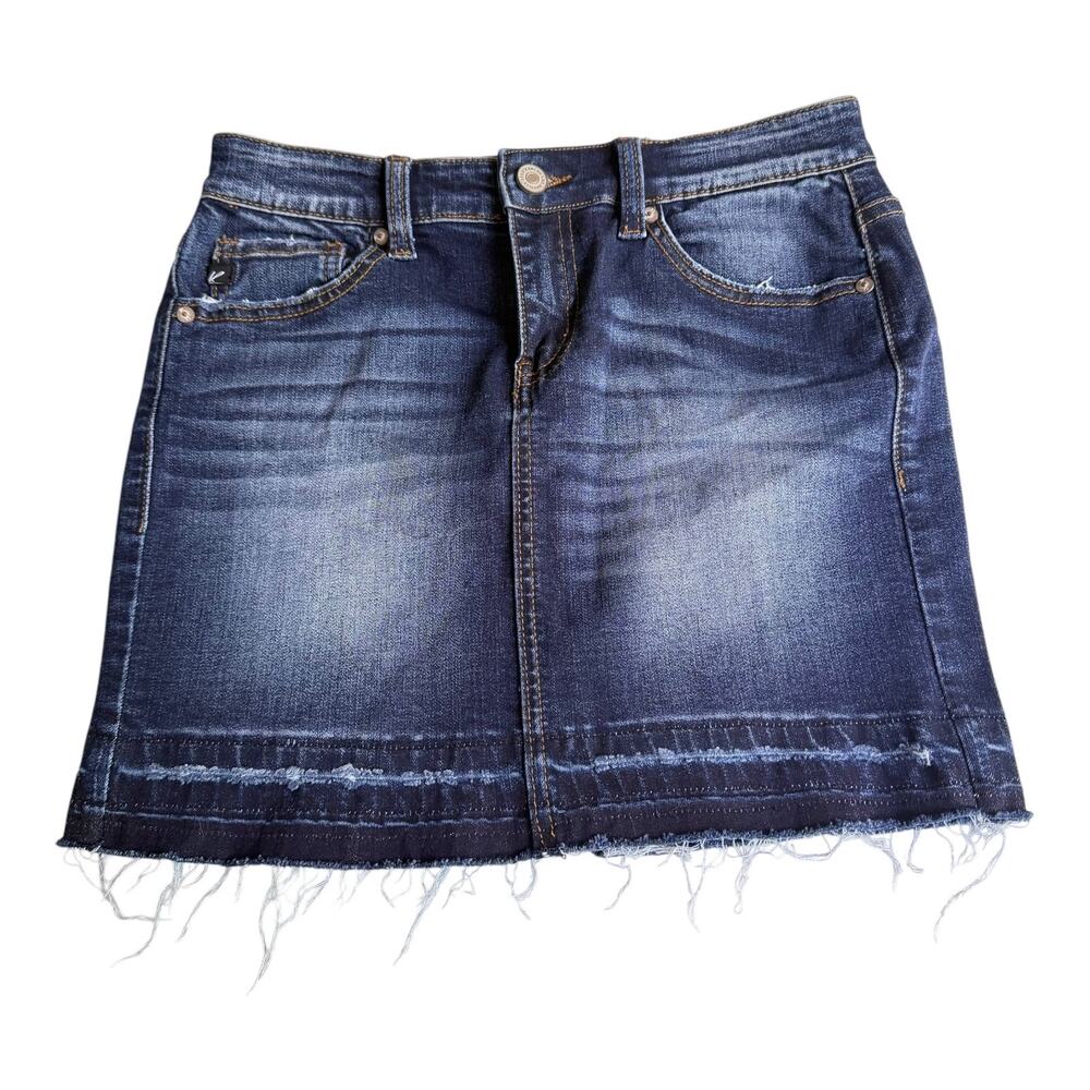 VTG Kancan Womens Blue Stretch Raw Hem Denim Jean SKIRT Juniors Size 1 Excellent